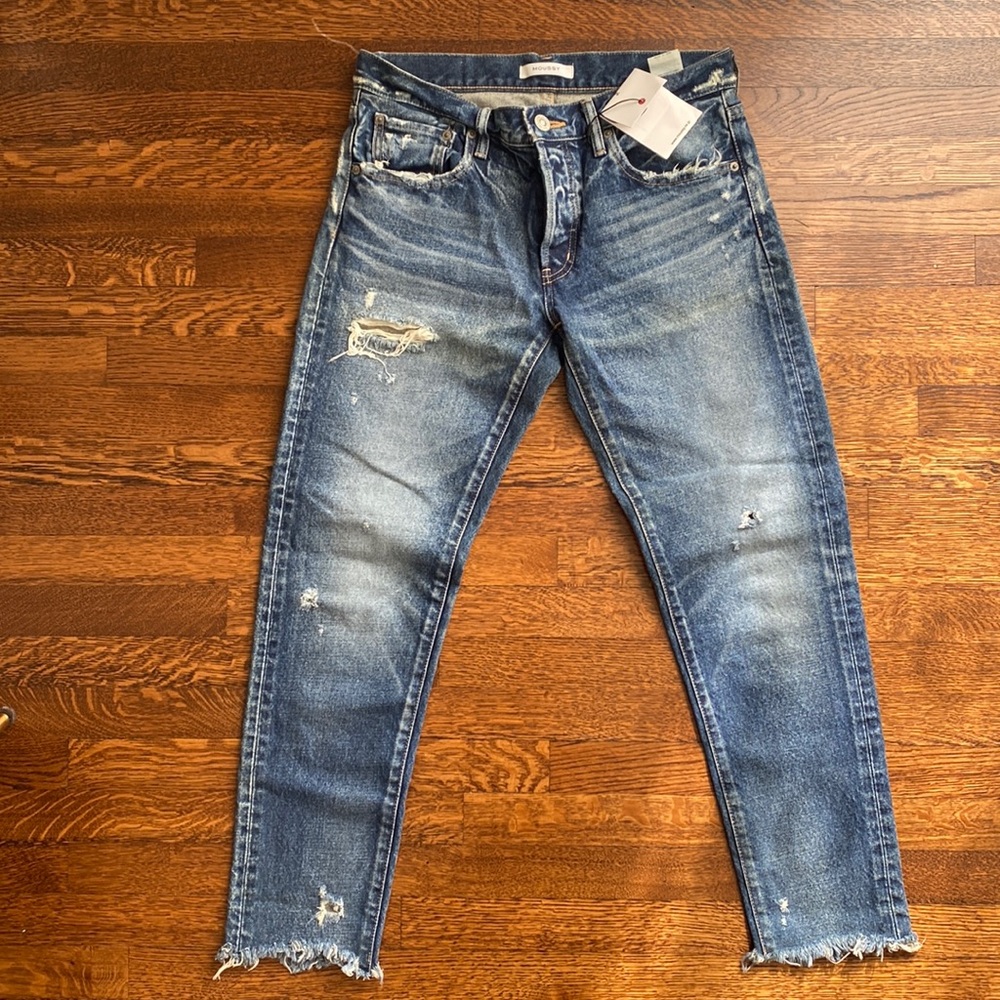 MOUSSY 100% Cotton Jeans size 27 cowhide leather distressed Dark Wash Brand New